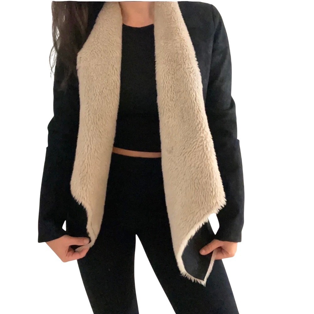 The Kooples Jacket Black Faux Suede Shearling Fur Open Front Coat Womens Size L
